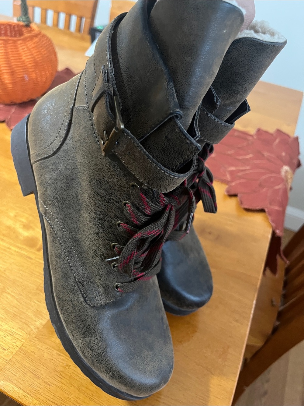 Ruff Hewn Gray Lace-Up Ankle Boots with Red-Accented Laces